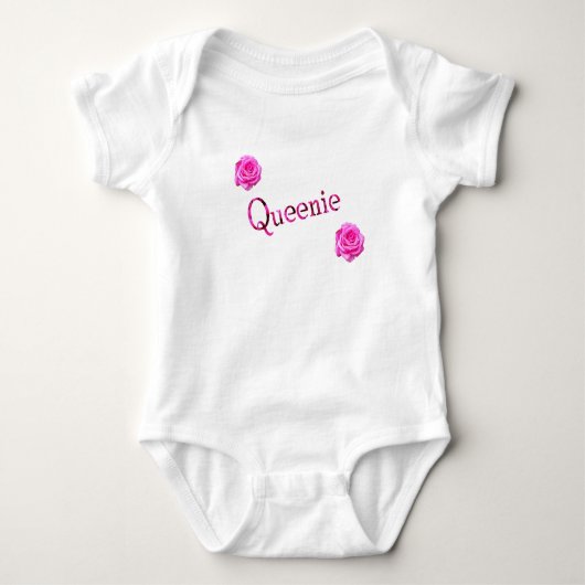 Queenie, naam, met roze rozen, Baby odysuit Romper (Voorkant)