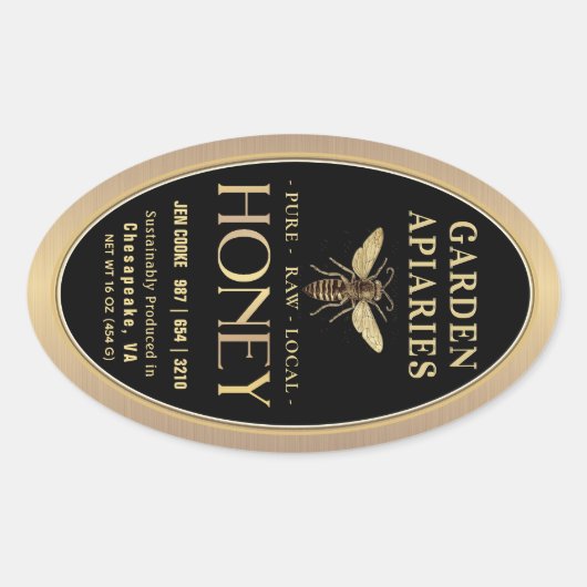 Queenline 16 en 32oz Black Honey Jar Queen Bee Ovale Sticker (Voorkant)