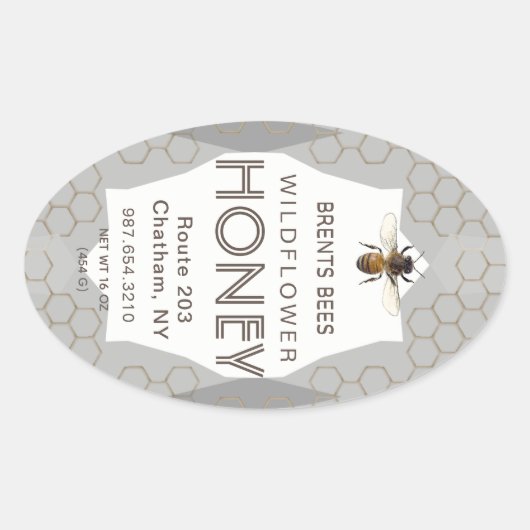 Queenline Honey jar-etiket met bijen en honingraat Ovale Sticker (Voorkant)