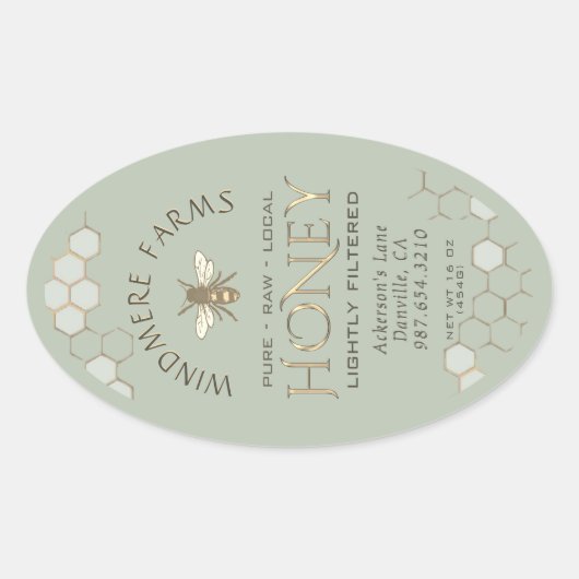 Queenline Honey Label 16/32oz Honeycomb Bee Sage (Voorkant)