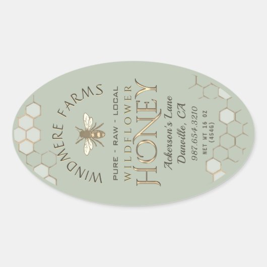 Queenline Honey Label 16/32oz Honeycomb Bee Sage (Voorkant)