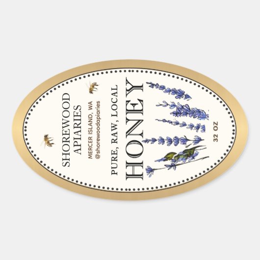 Queenline Ovaal Honing Gouden Rand Bijen Lavendel Ovale Sticker (Voorkant)