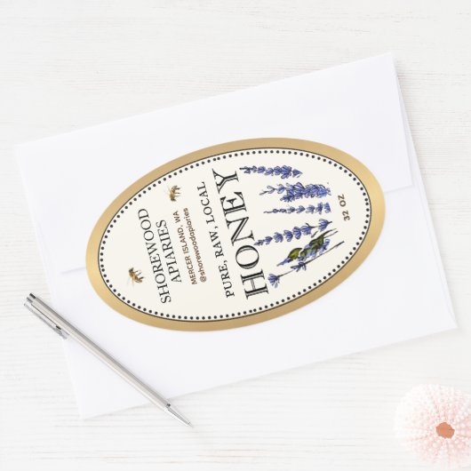 Queenline Ovaal Honing Gouden Rand Bijen Lavendel Ovale Sticker (Envelop)