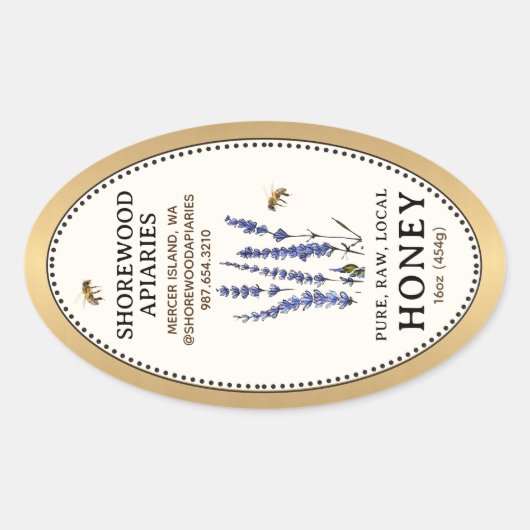 Queenline Ovaal Honing Gouden Rand Bijen Lavendel Ovale Sticker (Voorkant)