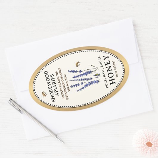 Queenline Ovaal Honing Gouden Rand Bijen Lavendel Ovale Sticker (Envelop)