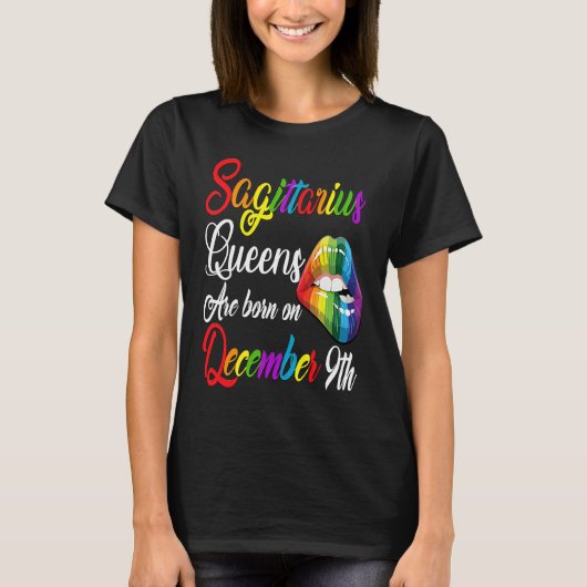 Queens Are Born on December 9th Rainbow Lips Sagit T-shirt (Voorkant)