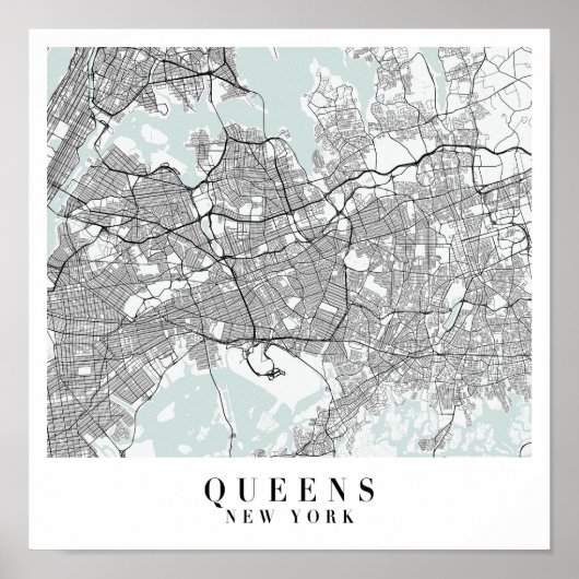 Queens New York Blue Water Street Map Poster (Voorkant)