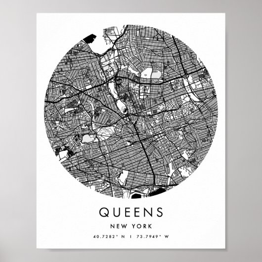 Queens New York Minimal Modern Circle Street Map Poster (Voorkant)