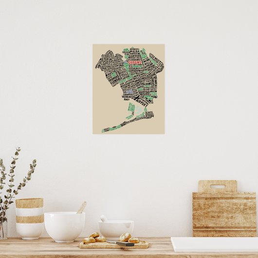 Queens, New York Typography Map Art Poster (Keuken)