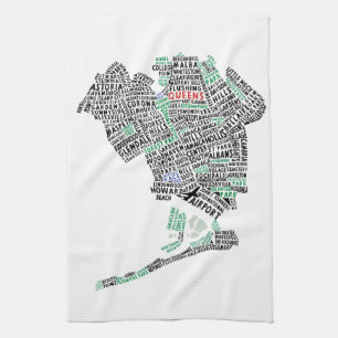Queens, New York Typography Map Tea Towel Theedoek