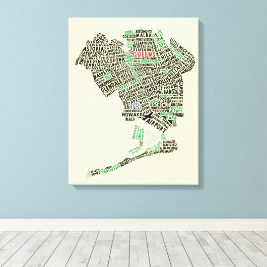 Queens NY Typografie Kaart Art Canvas Print (Insitu (Houten vloer))