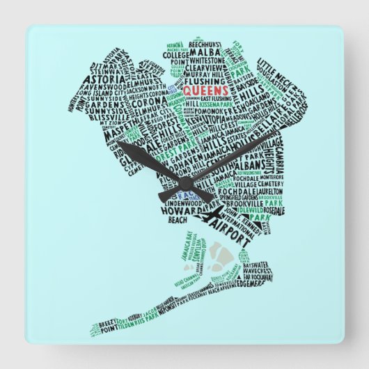 Queens NY Typografische Map Art Wall klok (Voorkant)