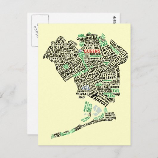 Queens NYC Typography Map Postcard Briefkaart (Voorkant / Achterkant)