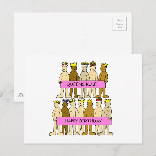 Queens Rule Cartoon Mannen die kronen houden Briefkaart (Voorkant / Achterkant)