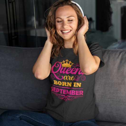 Queens wordt geboren in september Faux Glitter Bir T-shirt