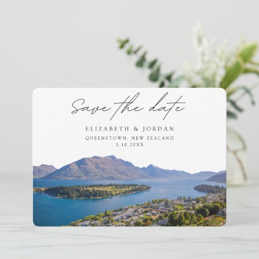 Queenstown Bruiloft Nieuw-Zeeland Save the Date Kaart (Staand voorkant)