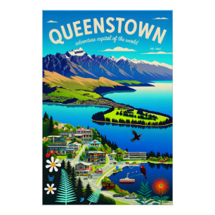 Queenstown Nieuw-Zeeland Retro Reisposter Kunst Perfect Poster