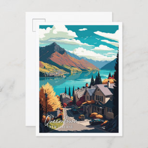 Queenstown Nieuw-Zeeland vintage reisillustratie Briefkaart