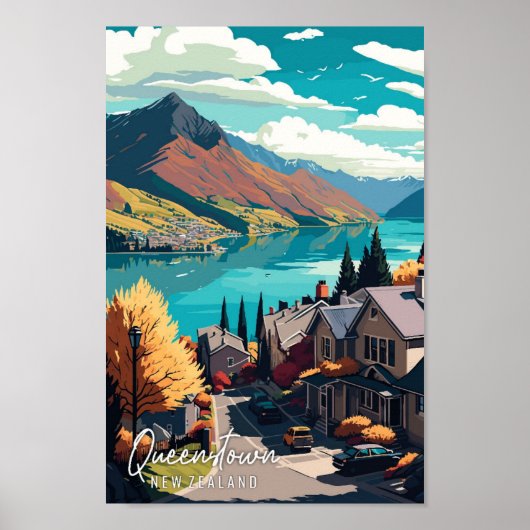 Queenstown Nieuw-Zeeland vintage reisillustratie Poster (Voorkant)