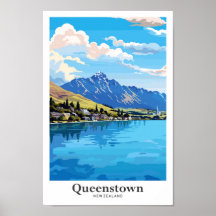 Queenstown Nieuw-Zeeland Vintage Travel Illustrati