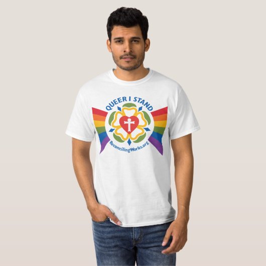 "Queer I Stand" t-shirt (op lichtstof) (Voorkant volledig)