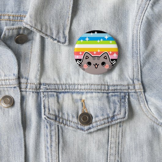 Queer LGBT Pride Flag Cat Button (In situ)