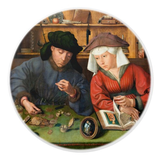 Quentin Matsys - de Moneylender en zijn vrouw Keramische Knop (Voorkant)