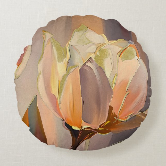 Quiet Bloom – Abstract Tulips In Soft Gold Rond Kussen (Voorkant)