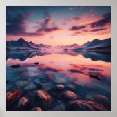 Quiet Lake Sunset Poster, Reflective Mountain Dusk Poster (Voorkant)