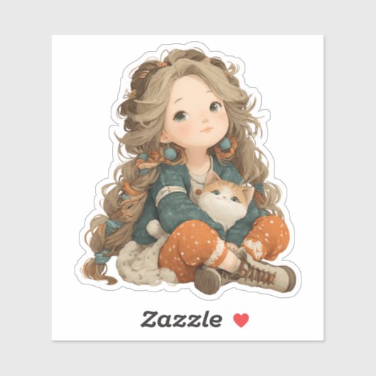 Quiet Moment Girl & Cat – Premium Art Sticker (Vel)