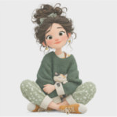 Quiet Seated Girl & Cat – Premium Art Sticker (Voorkant)