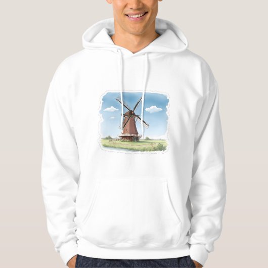 Quiet Windmill in the Fields – Soft Watercolor Lan Hoodie (Voorkant)