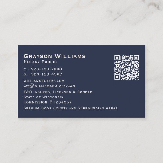 Quill QR Code Navy Mobile Notary Visitekaartje (Achterkant)