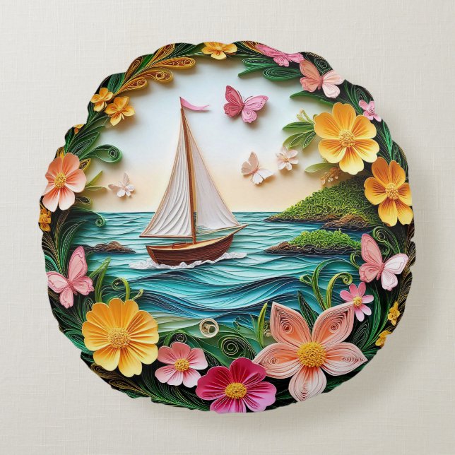 Quilled Natuur Scene met Zeilboot Rond Kussen (Voorkant)