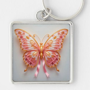 Quilled papieren vlinder met roze en gouden detail sleutelhanger