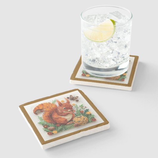 Quilling Effect Red Squirrel in Autumn Stenen Onderzetter (Zijkant)