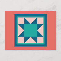 Quilt Briefkaarten - Sawtandster (blauwgroen/zalm)