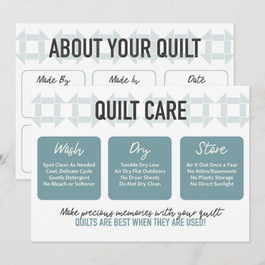 Quilt Care Kaart - Modern design - Blauwgroen (Voorkant / Achterkant)
