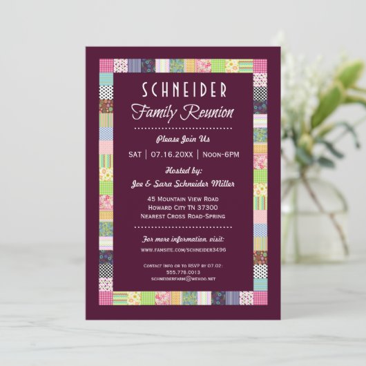 Quilt Design Family Reunion Donkere Uitnodigingen (Staand voorkant)