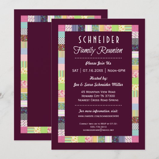Quilt Design Family Reunion Donkere Uitnodigingen (Voorkant / Achterkant)