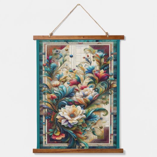 Quilt Look Bloemen Houten Bovenbedekte wandtapijt Hangend Wandkleed (Voorkant)