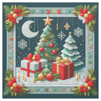 Quilt Look Christmas Scene Moon and Trees Stof