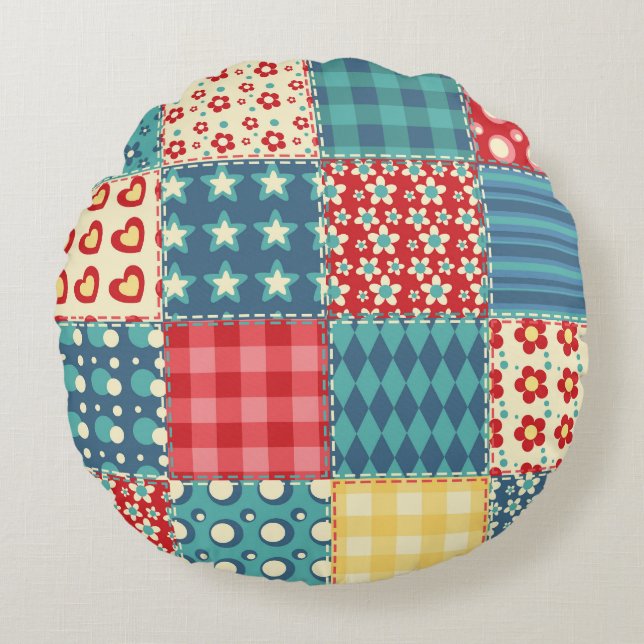  quilt: patchwork achtergrondpatroon. rond kussen (Voorkant)