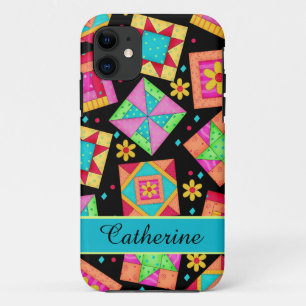 Quilt Patchwork Block Art op Black Custom Name Case-Mate iPhone Case