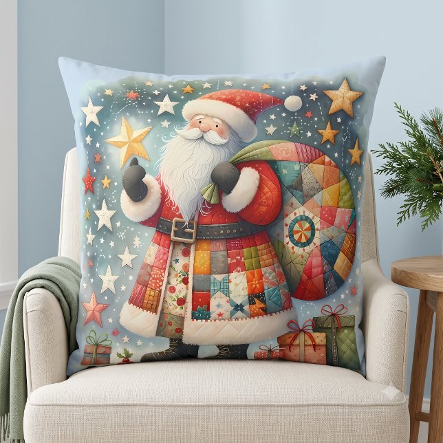 Quilt Patchwork Kerstman met Kerststerren Kussen (Quilted Patchwork Santa with Christmas Stars Throw Pillow)