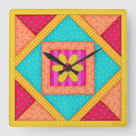Quilt Red Turquoise Block Wall Clock Vierkante Klok (Voorkant)
