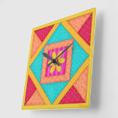 Quilt Red Turquoise Block Wall Clock Vierkante Klok (Hoek)