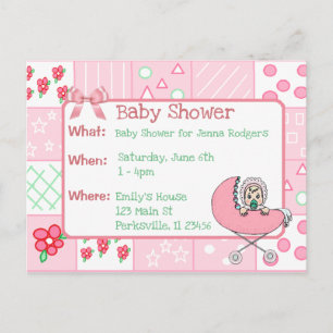  Quilt Roze Meisje Baby shower Uitnodiging Briefkaart