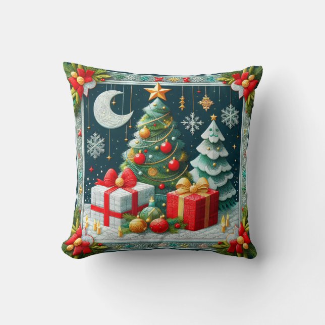 Quilt Uitzicht Kerst Scene Versierde Bomen  Kussen (Voorkant)