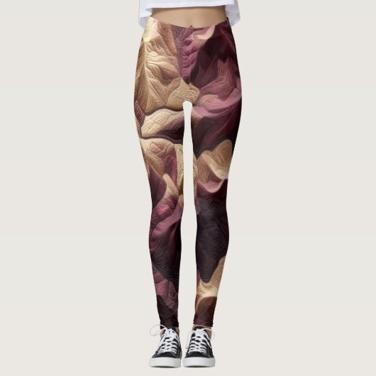 Quilted Abstract Burgundy Tan Topografie Landschap Leggings (Voorkant)